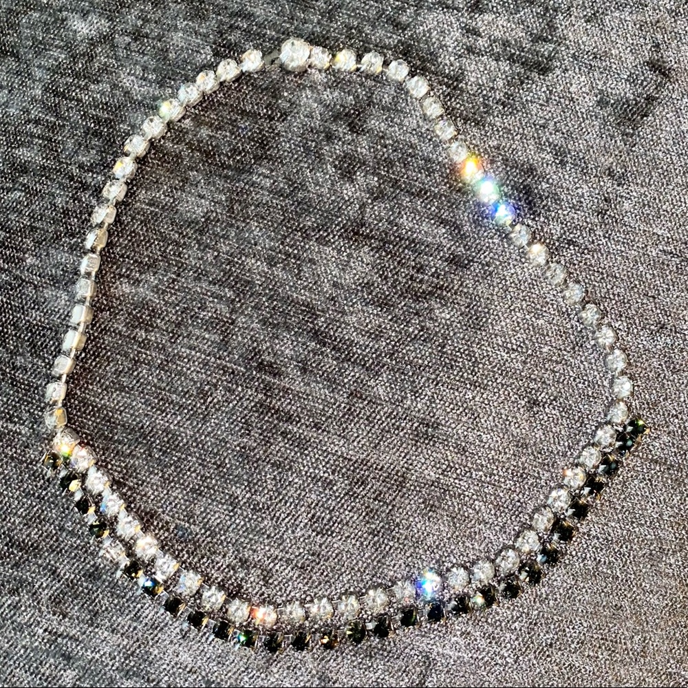 VINTAGE JET BLACK CLEAR RHINESTONE CHOKER NECKLACE DOUBLE ROW HIDDEN CLASP